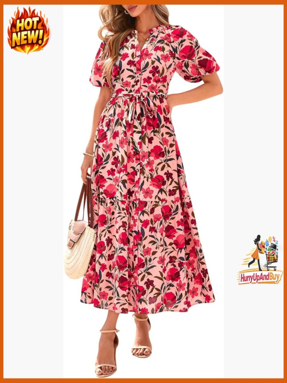 Boho Maxi Dress with V-Neck Puff Sleeves Button Front Self-Tie Belt Pockets